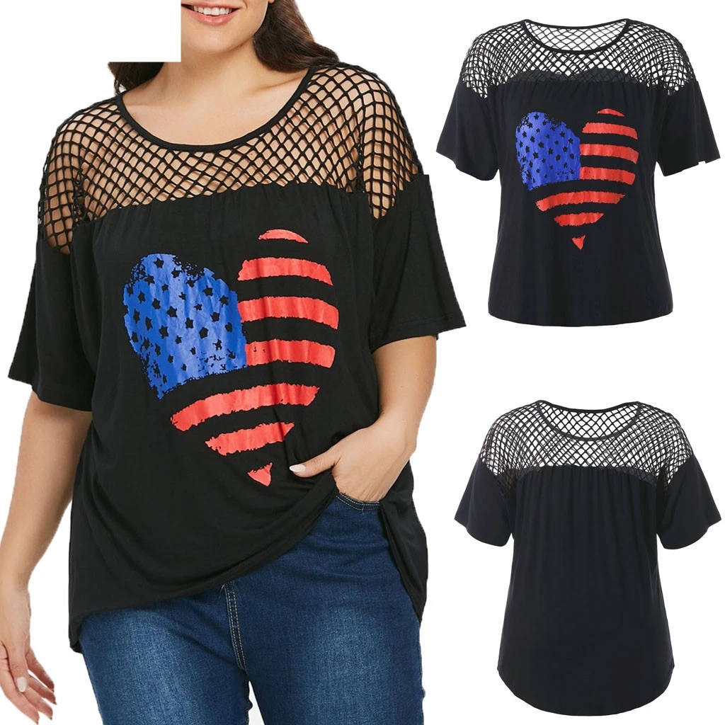 JAYCOSIN Women Fashion Short Sleeve Heart Pattern American Flag T-shirt Loose Top Dropshiping 19MAR7