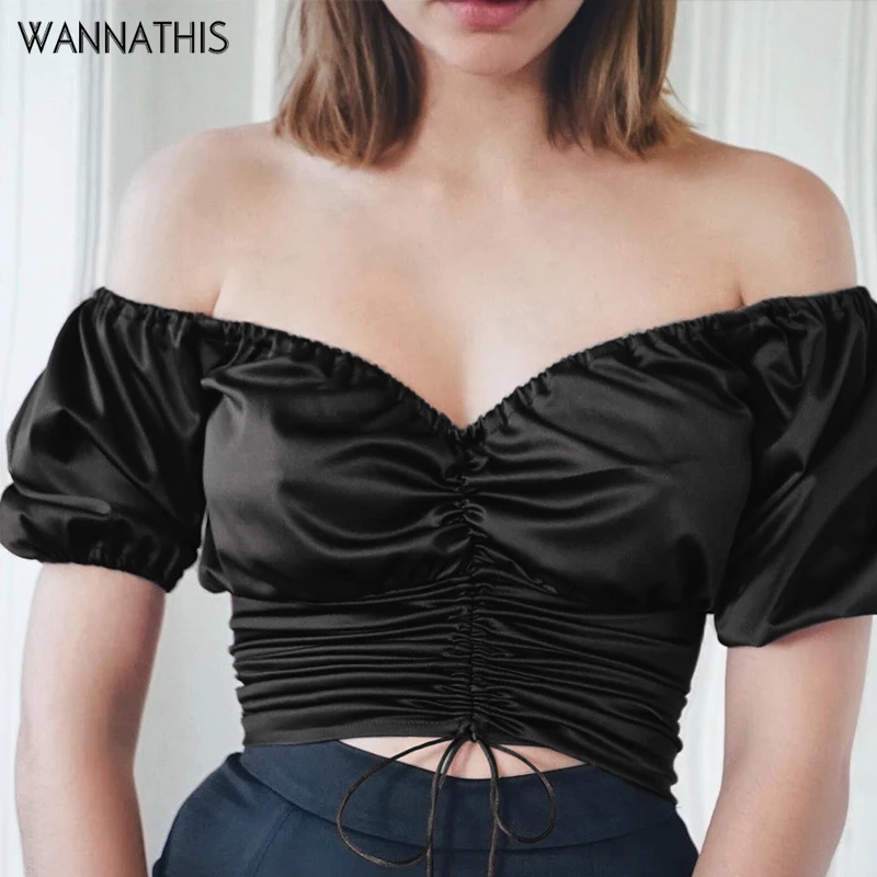 

WannaThis High Eleatic Silk Sexy Crop Tops Slash Neck Solid Ruched Short Puff Sleeve Lace Up Elegant Women Summer Fashion Camis