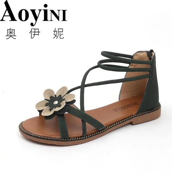 

2019 Summer Women Flats sandals Open toe Shoes Women Bohemia Flower Casual Beach Sandals 35-40 Black Green 3 Color
