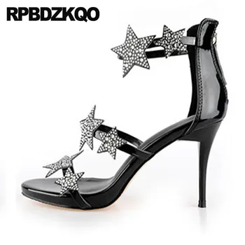 

Silver Shoes Open Toe High Heels Rhinestone Diamond Strappy Pumps Ankle Strap Zipper Crystal Women Metallic Heart Gladiator Thin
