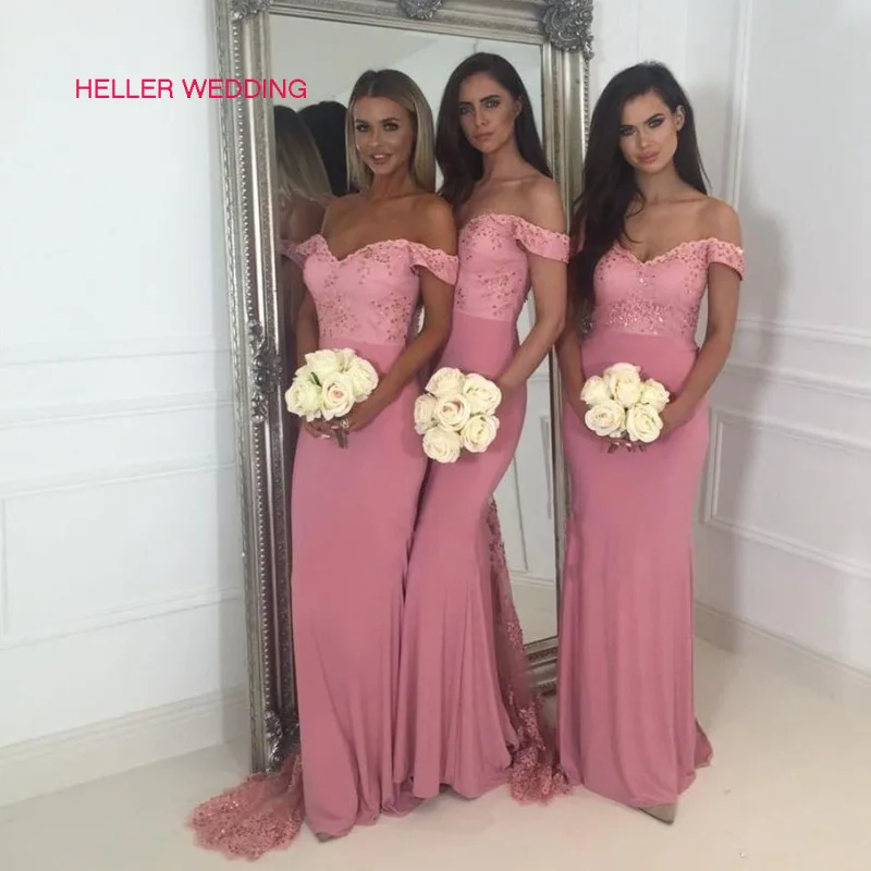 Розовые Платья для подружек невесты с аппликацией из бисера открытыми плечами