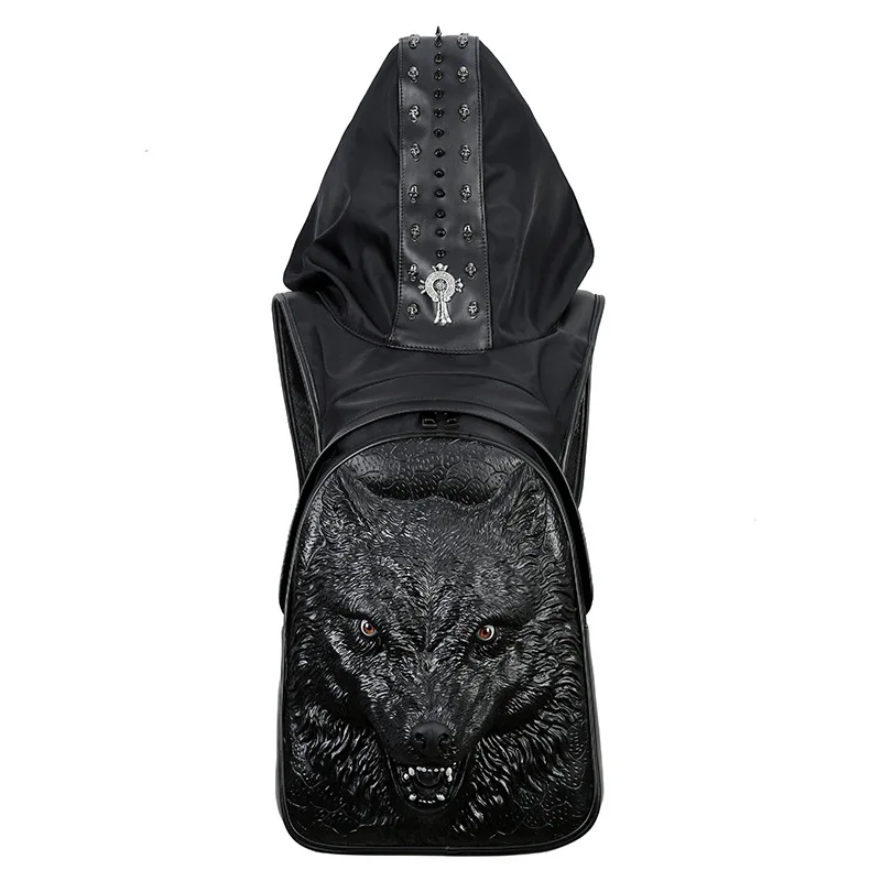 Men's Werewolf Hooded Backpack Large Male Black Gold Silver 3D Wolf Head Design Printing Backpack With Hood Fashion Casual Bags Men's Werewolf Hooded Backpack Large Male Black Gold Silver 3D Wolf Head Design Printing Backpack With Hood Fashion Casual Bags