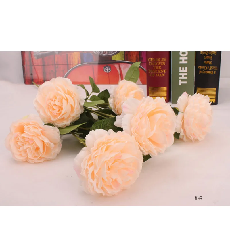 1PCS 3 Heads Fake Flowers Artificial Silk Bridal Wedding Decoration Wreath Bunch Home Decor Artificial Flowers Peony Real Touch - Цвет: Шампанское