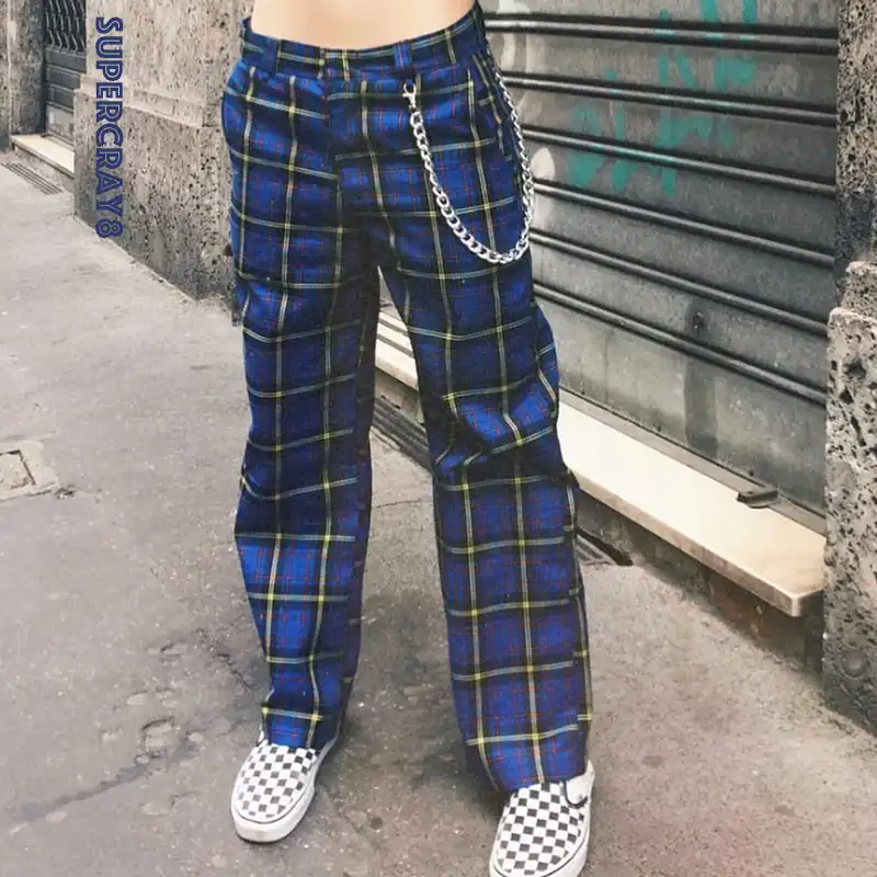 black and blue plaid pants