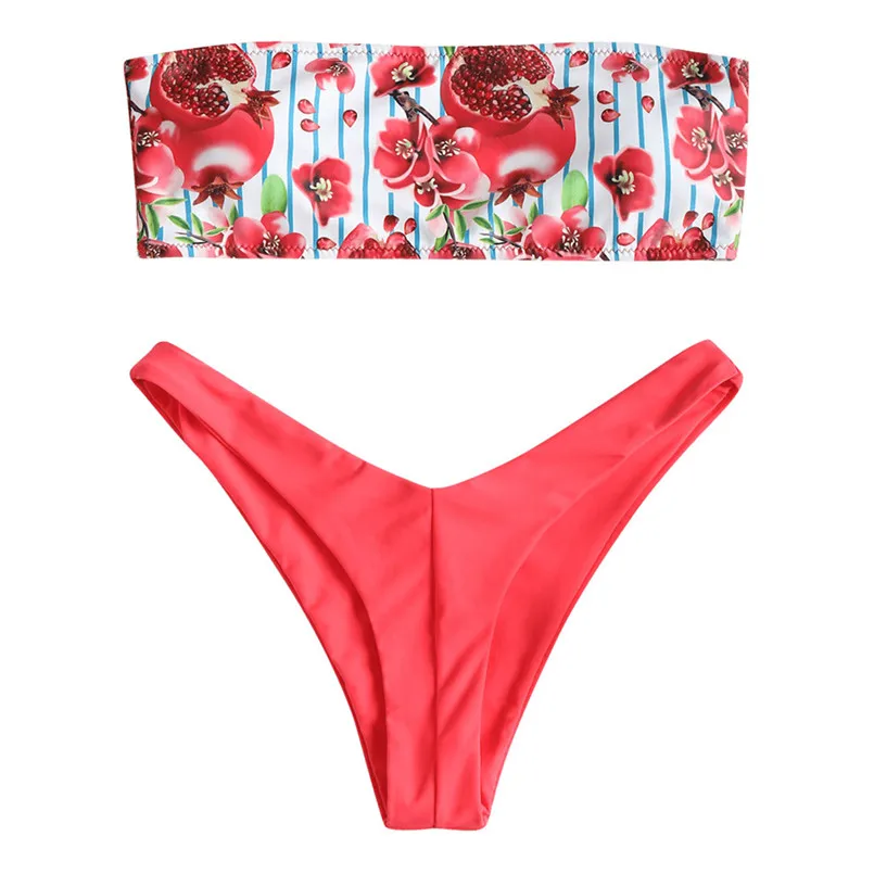 

Fashion Women's printed strapless bathing suit backless off shoulder Push up Padded Bra bearwear fashion Set 40mr15