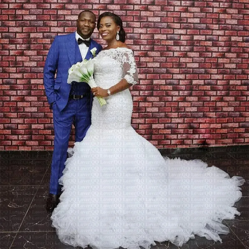 

2019 New African Sheer Ruffles Tiered Mermaid Wedding Dress 3/4 Long Sleeves Lace Bridal Gowns