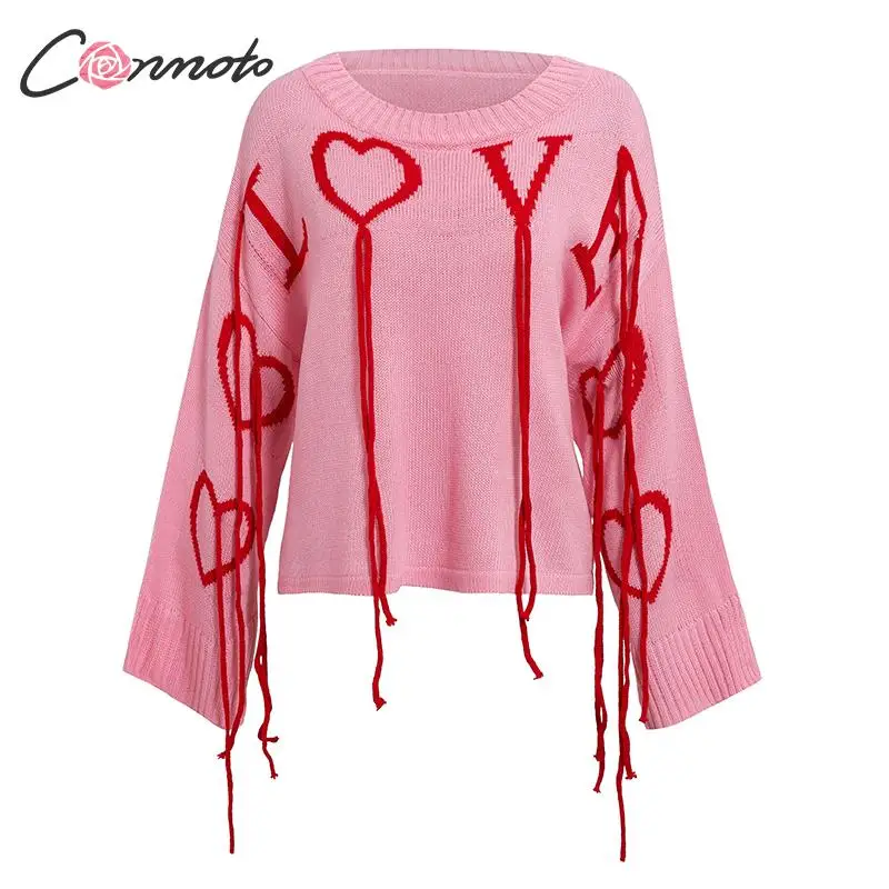 Conmoto розовый вязаный свитер, модный уличный пуловер с круглым воротником, нарядный женский джемпер, женский пуловер с кисточками, осень-зима - Цвет: Розовый