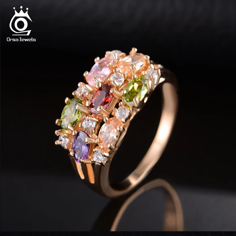 ORSA JEWELS Luxury Rose Gold Color Zircon Rings Paved Colorful AAA Austrian CZ Wedding Engagement Rings Jewelry for Women OMR01