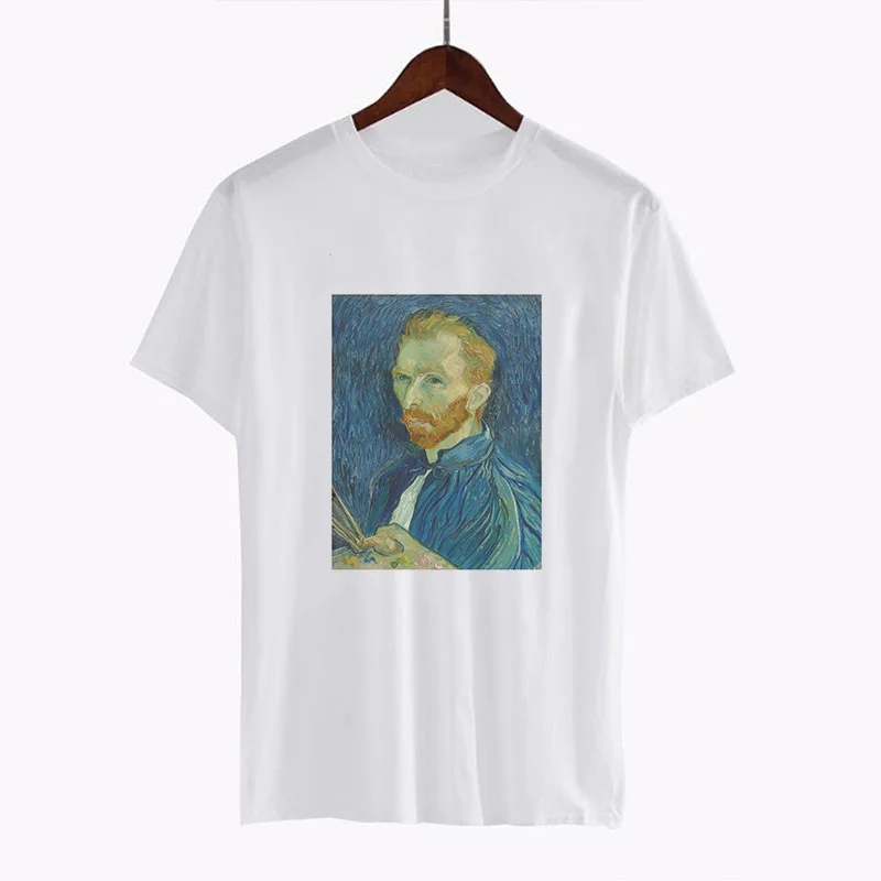 2018 Funny Women Tshirt Tee Vogue Summer Tops Female Clothes Van Gogh Oil Print Round Neck Plus Short Sleeve White T shirt Tops