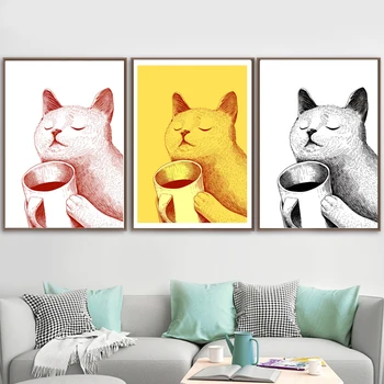 

Colorful Cat Cup Enjoy Life Wall Art Canvas Painting Animals Nordic Posters And Prints Wall Pictures For Living Room Home Decor