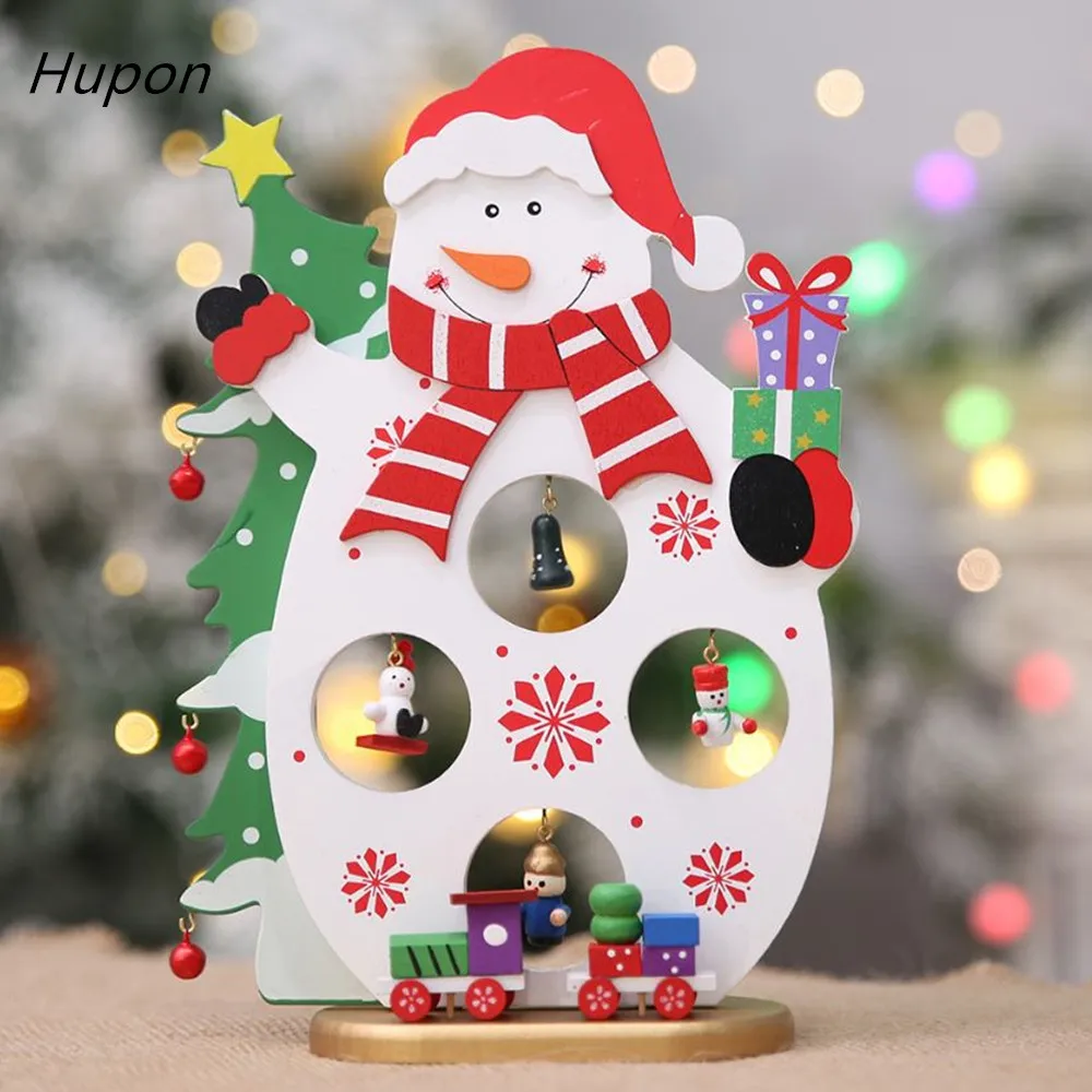 Tree Christmas Wooden Ornament With Mini Santa Bell Train Cartoon