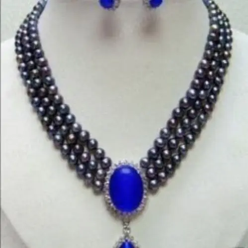 

Rare black 6-7mm pearl necklace jade pendant earring AA0077 (A0423)