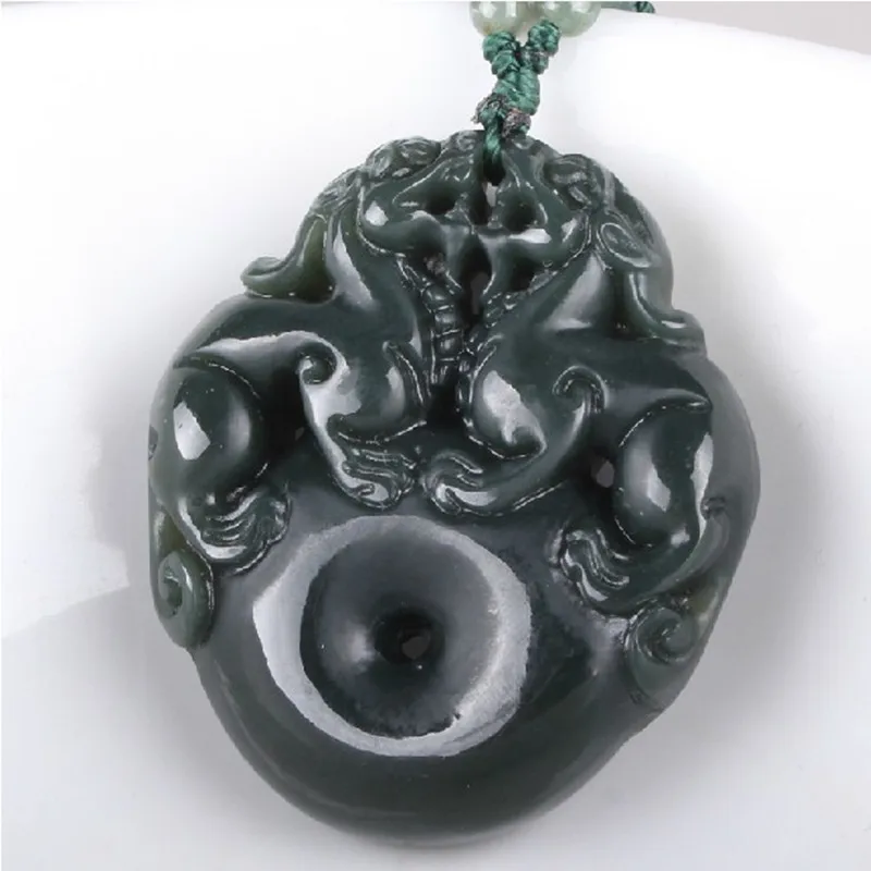 Natural Chinese Black Green Dark Jade Pendant Hand Carved Buckle Lucky Amulets