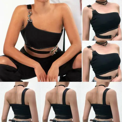 

2019 New Summer Women Sexy Club Stretch One Shoulder Metal Buckles Crop Top Vest Blouse Party Sleeveless Slim Bodycon Crop Top
