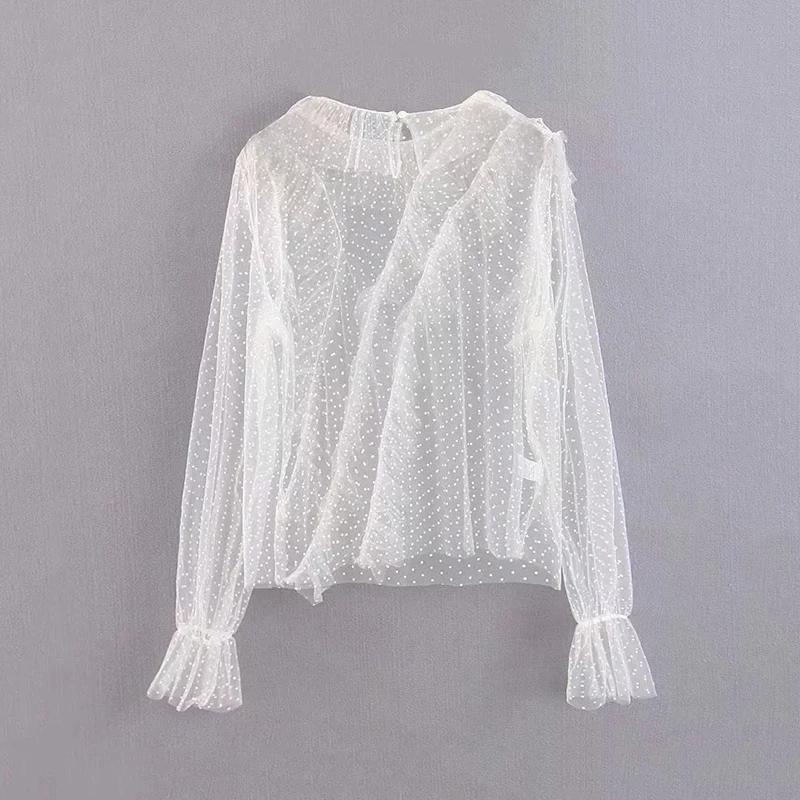 

Vintage women transparent ruffles shirts 2019 summer mesh ladies sexy organza see-through blouses parties girls white tops femme