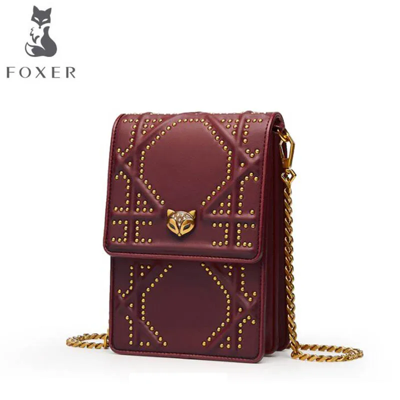 

FOXER 2019 New women leather bag Fashion rivet Chain Mobile phone bag famous brand women shoulder bag Handbags & Crossbody bags