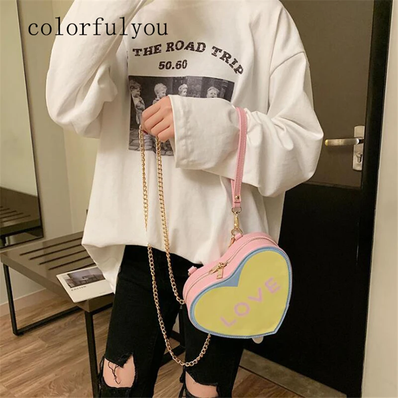 

Sweet girl Handbag Women Loved Hearts shape shoulder bag letter print Women small chain Messenger Bag Pu Leather Flap Clutch Sac
