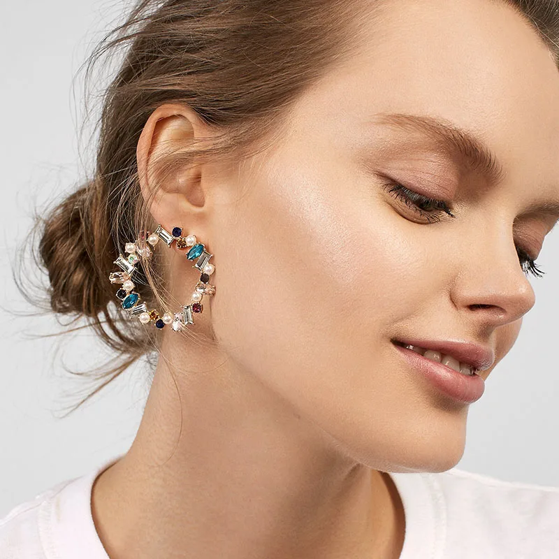 

JUJIA Round Circle Colorful Crystal Pendant Drop Earrings Women Wedding Simulated Pearl Statement Earrings Jewelry Gifts