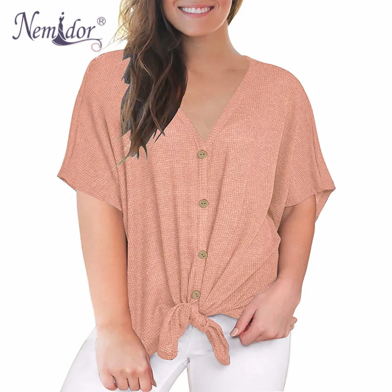 Nemidor Women's Casual Short Sleeve V Neck Button Down T Shirts Tie Front Knot Summer Loose Tops Blouses (11)