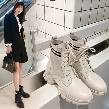 

INS women Ankle boots Leather + socks fabric Plus size 22-26.5 cm feet length boots for women female shoes fashion sock boots