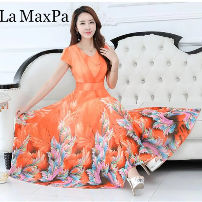 Модное пляжное платье для отдыха с коротким рукавом и v-образным вырезом, шифоновое платье в стиле бохо, летние платья для женщин, платья больших размеров, vestido longo - Цвет: Оранжевый