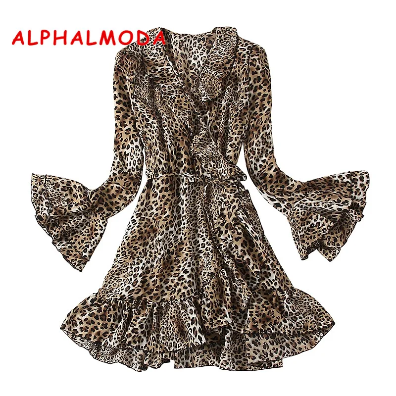 Женское платье с оборками ALPHALMODA леопардовым принтом длинными рукавами