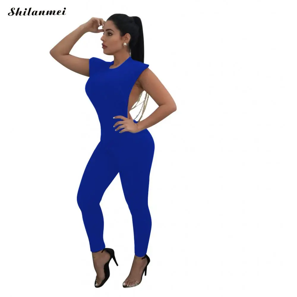 

Summer Women Jumpsuit New Fashion Elegant Beads Sexy Backless Sleeveless Chain Celebrity Night Club Party Jumpsuits Rompers 2019