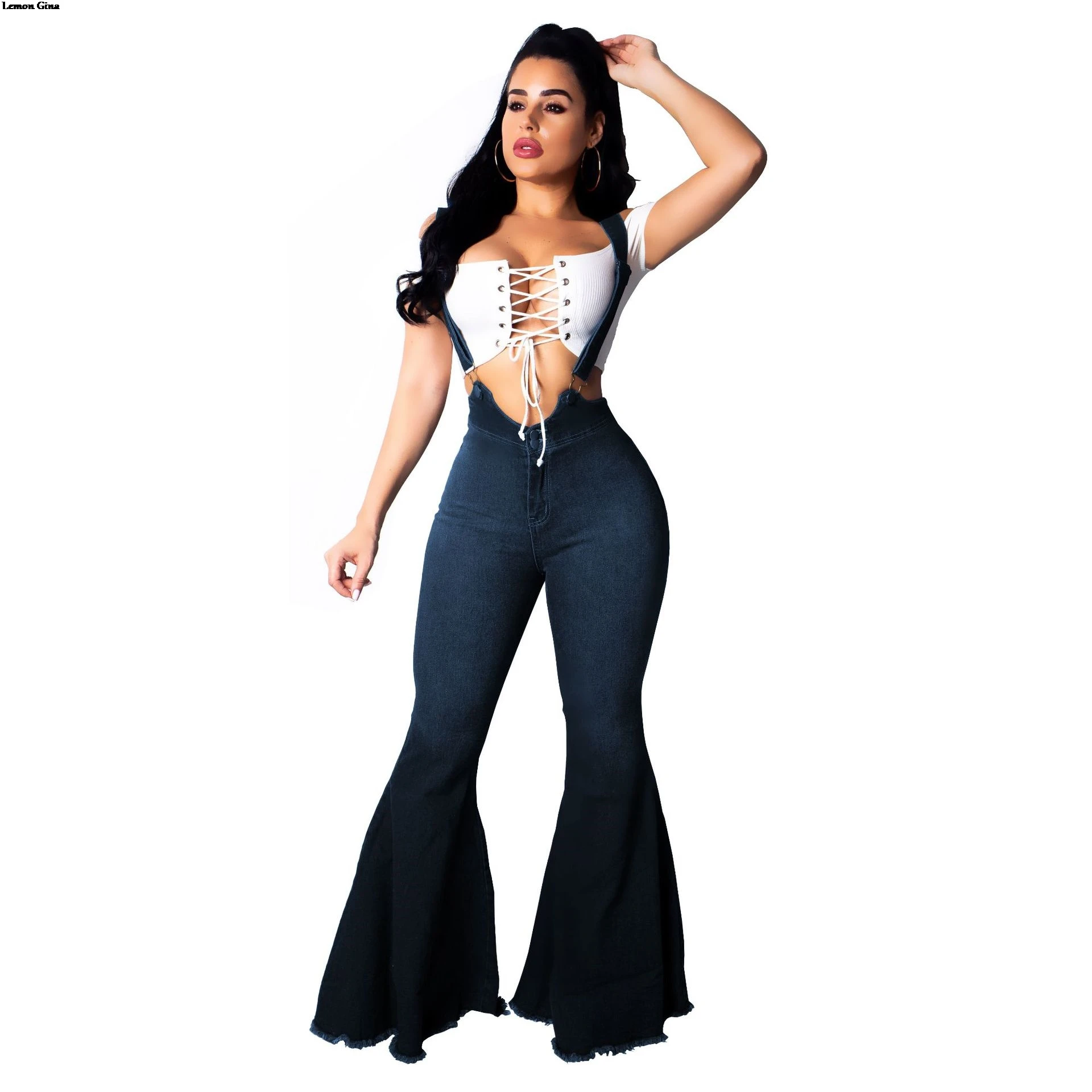 

Lemon Gina 2019 New Spring women denim spaghetti strap high waist boot cut wide legged long pants romper jeans trousers 9110