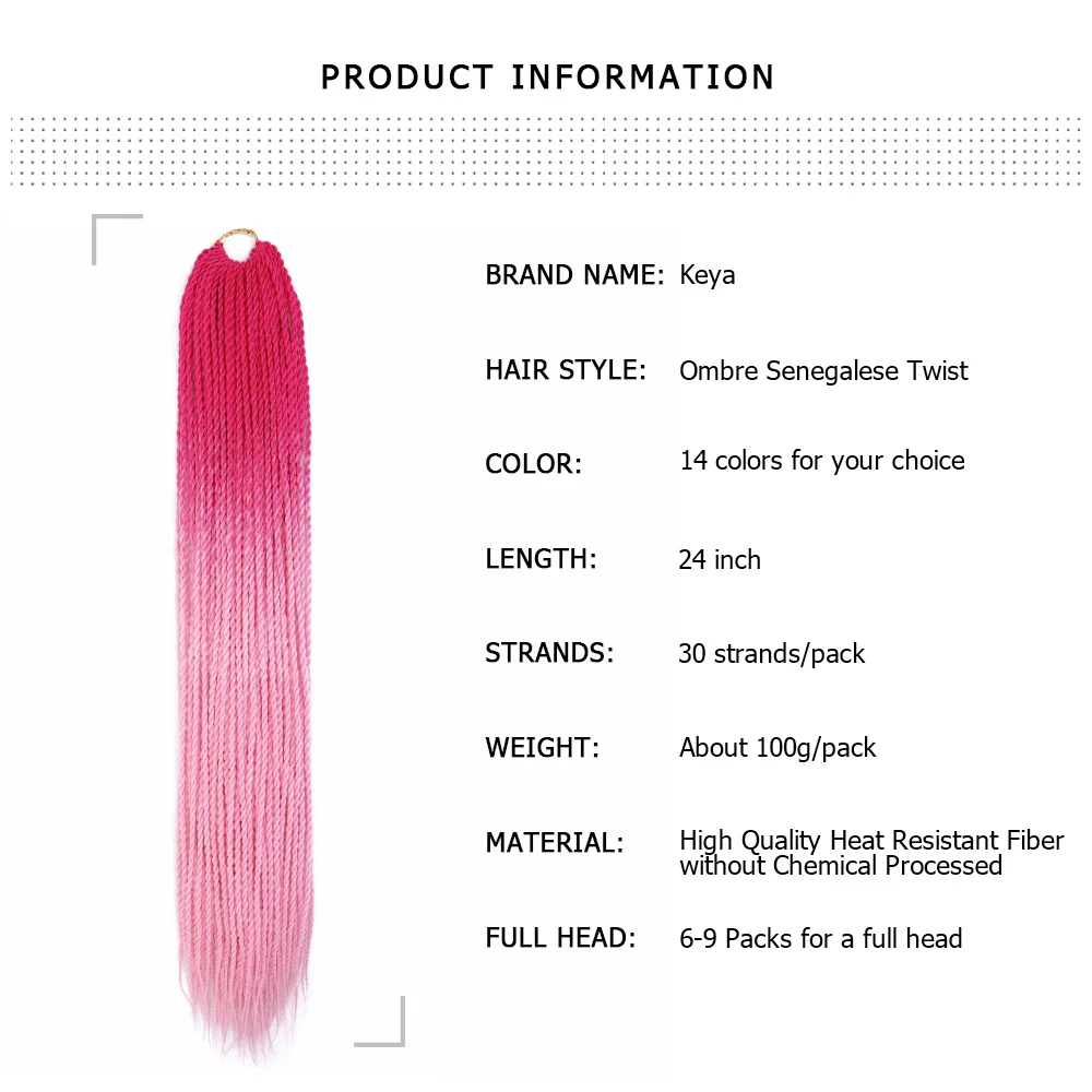 Ombre Senegalese Twist 24 Inch Crochet Braids 14 Colors Available Synthetic Crotchet Braiding Pink Hair Blue Braids For Women