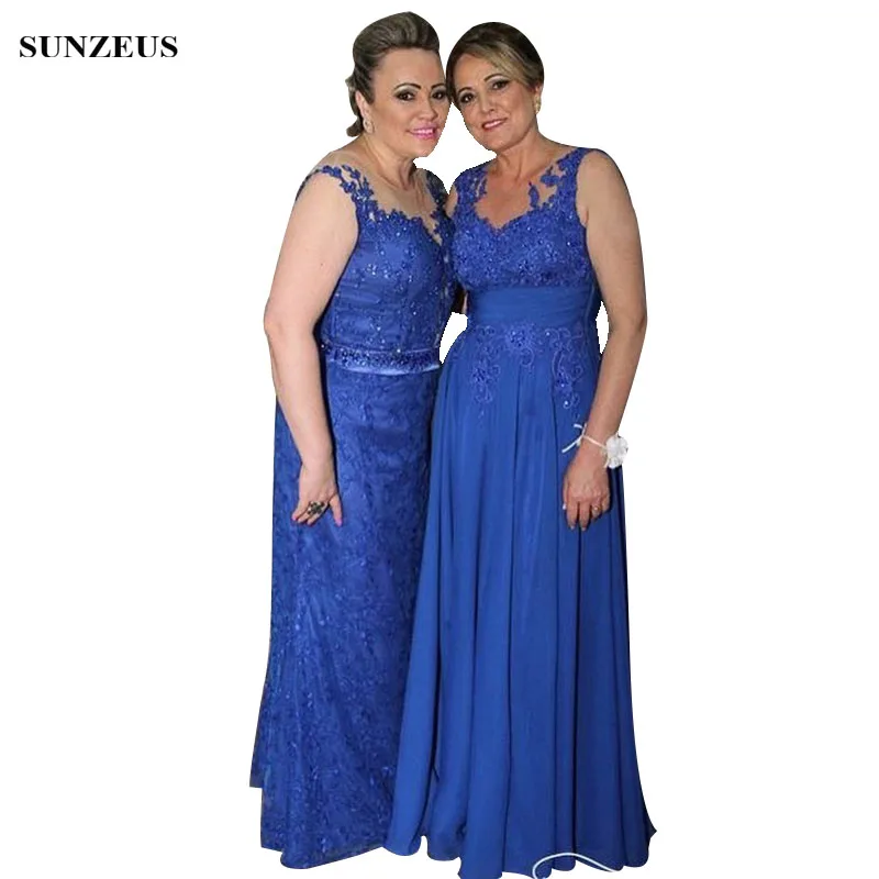 

2019 Summer Chiffon Mother Of The Bride Dress A-line Tank Appliques Long Wedding Party Dresses Royal Blue Women Gowns