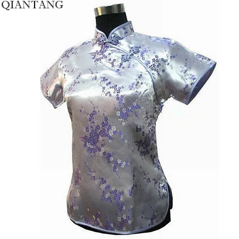 

Hot Sale Light Purple Traditional Chinese Women's Shirt Tops Mujeres Camisa Summer Satin Blouse Flower Size S M L XL XXL A0030