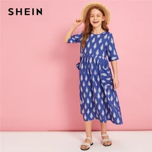 SHEIN Kiddie/синее боховая туника в полоску с карманами спереди и растениями, платье года, летние праздничные длинные платья с короткими рукавами и высокой талией