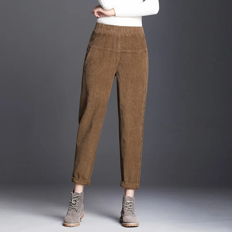 Новые женские винтажные вельветовые брюки с высокой талией, брюки размера плюс, повседневные Модные женские шаровары, осенне-зимние Бархатные брюки - Цвет: light tan