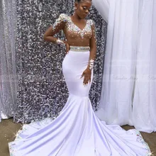 Роскошная хрустальная Русалочка со стразами белое выпускное платье с длинными рукавами и v-образным вырезом в африканском стиле, черные вечерние платья для выпускного вечера, вечернее платье
