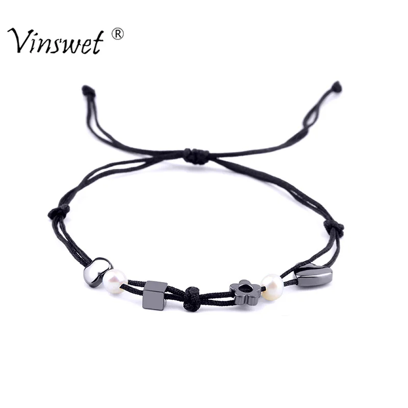 

Fashion Hematite with Pearl Beaded Bracelet Rope Braided Bracelet for Women Men Kids Black String Bracelet Jewelry Adjustable