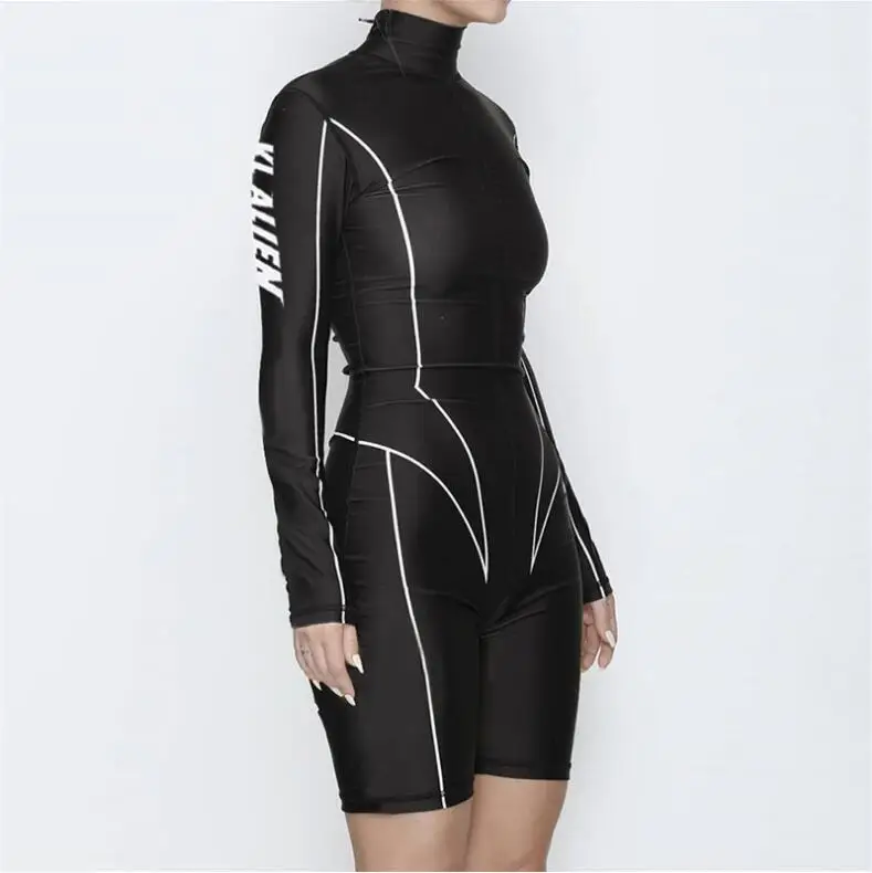

Black Skinny Playsuits Women 2019 Zipper High Collar Long Sleeve Casual Stripe Jumpsuits Sexy Rompers Ladies Jumpsuit