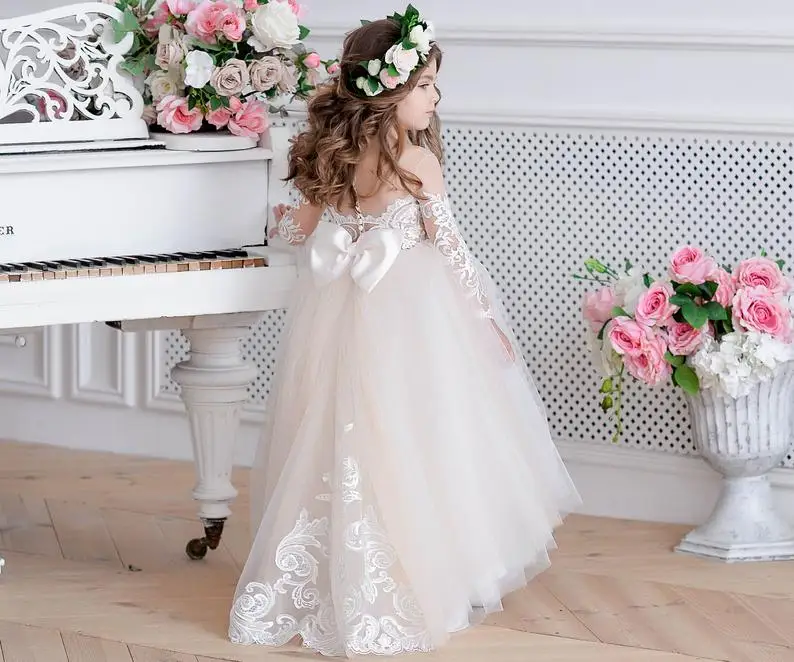 Ivory flower girl dress tulle Toddler flower girl dress lace Champagne flower girl dress Bridesmaid dress Baby girl dress special occasion