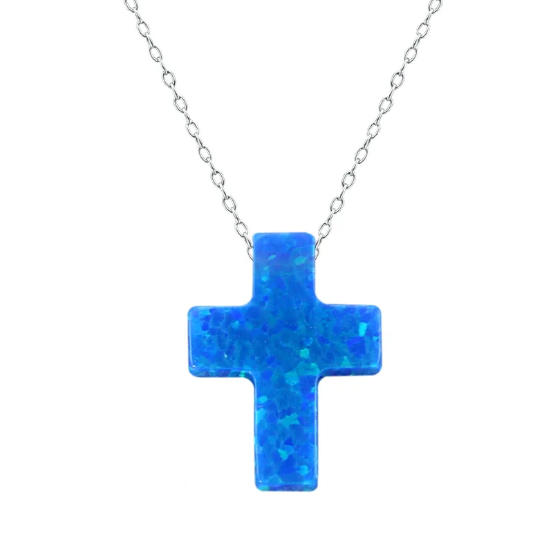 Настоящий Опаловый крест, колье с подвеской, ожерелье, 16 дюймов, цепочка, Стерлинговое Серебро, христианский крест, очаровательный воротник, женское ожерелье, ювелирное изделие - Окраска металла: blue 12mm