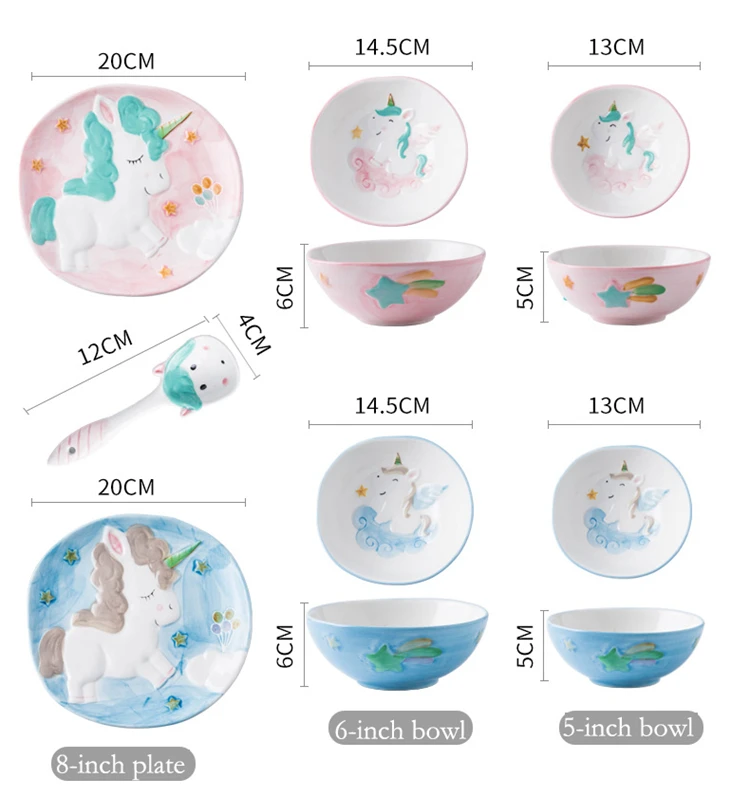 4 шт./компл. мультфильм животных посуда Керамика ужинная тарелка чаша для риса салатник с ложкой для детей подарок с Unicorn коробка розового и голубого цвета