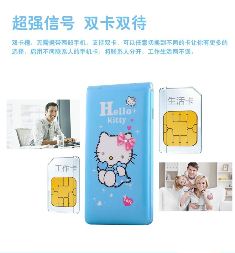 Hello kitty, 1800 мА/ч, флип, две sim-карты, GPRS, дыхательный светильник, сенсорный экран, сотовый телефон для женщин, девочек, детей, MP3, MP4, мультяшный мобильный телефон