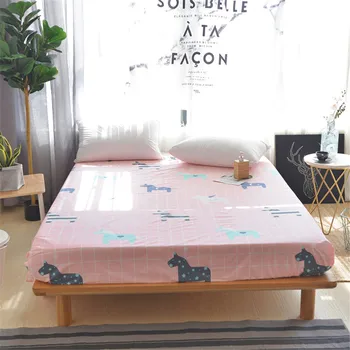 

Hot sell 3pcs Pink Grid Twin full queen Size Bed Sheet Horse Printed Fitted Sheet With Elastic Mattress Protector sheet bedding