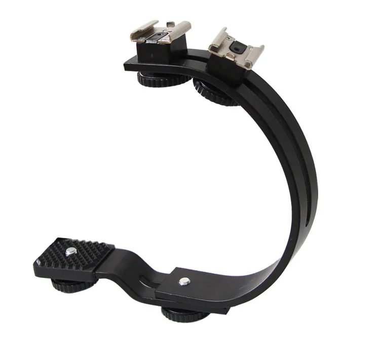 

new C-shaped 2 hot shoe dual metal flash bracket for camera flash speedlite LED