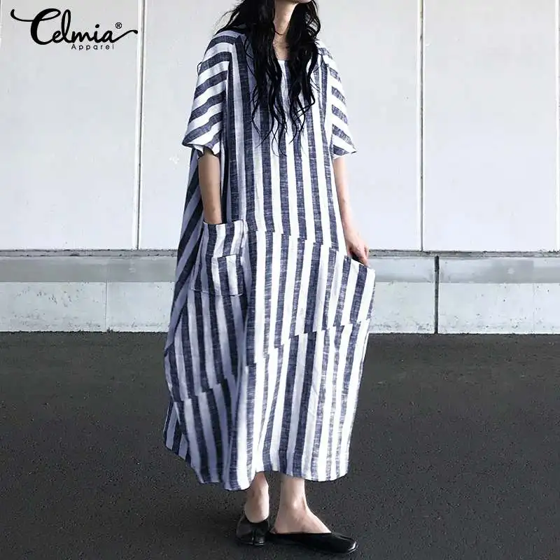 

Women Striped Dress 2019 Celmia Ladies Short Sleeve Vintage Long Shirt Dress Pockets Casual Loose Plus Size Party Maxi Vestidos