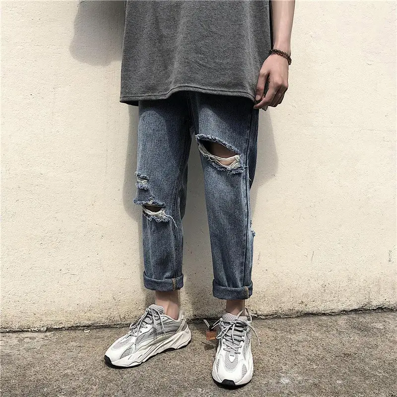 

Idopy Fashion Men's Loose Fit Jeans Ripped Distressed Holes Stretch Denim Pants Blue Vintage Washed Jean Trousers For Men