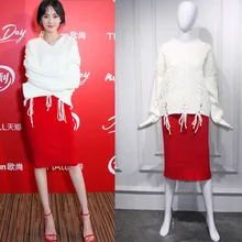 Star Yang Mi with White Linen Lace Loose V-neck Sweater 2019 Pullovers V-Neck Fashion Sweater Women
