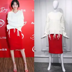 Звезда Yang Mi с белым льняным кружевом свободный v-образный вырез свитер 2019 пуловеры v-образный вырез модный свитер женский