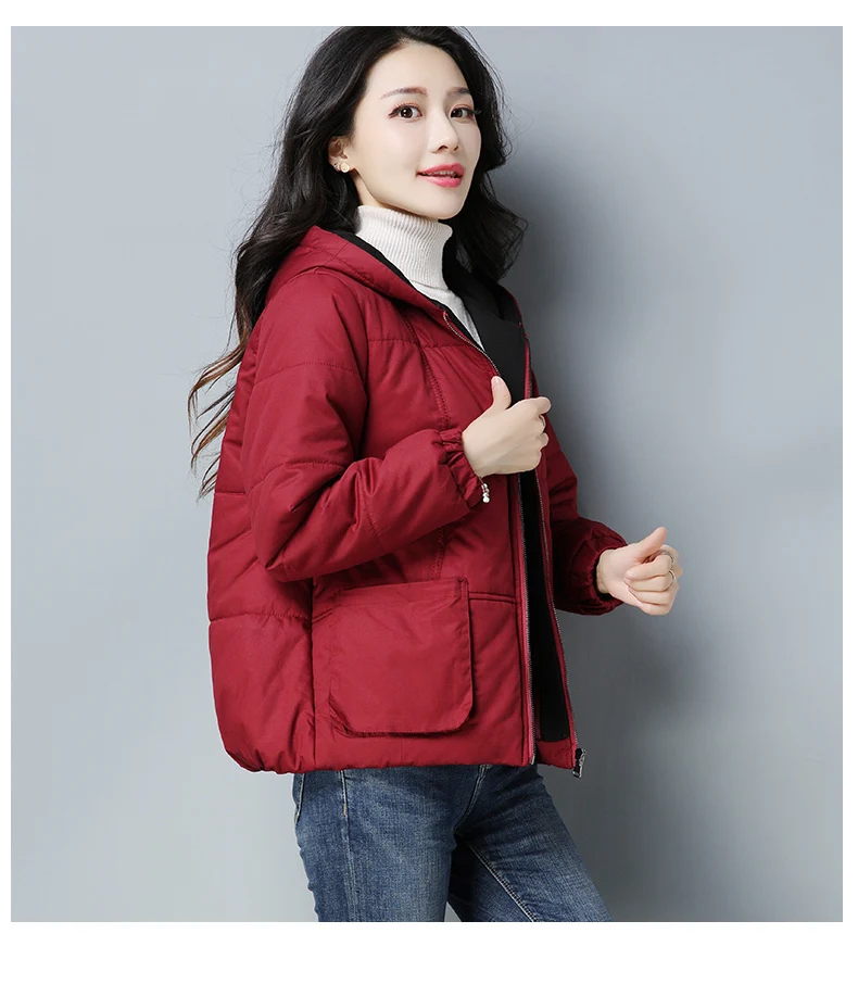 2018 Новый корейский стиль плюс Размеры тонкий короткий жакет Повседневное карман с капюшоном Для женщин зимнее пальто небольшой хлопковой