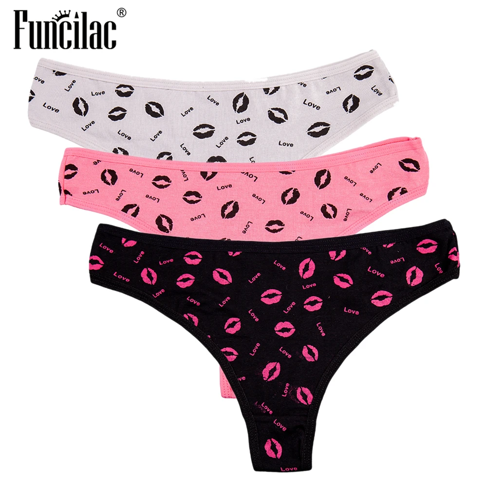 FUNCILAC Underwear Women Sexy Lip Print G Strings Love Thongs Bow
