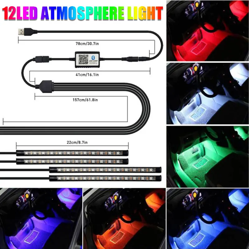 Атмосфера светильника 12 Светодиодный Светодиодные ленты салона автомобиля неоновые для внутреннего оформления автомобиля многоцветный музыка лампы