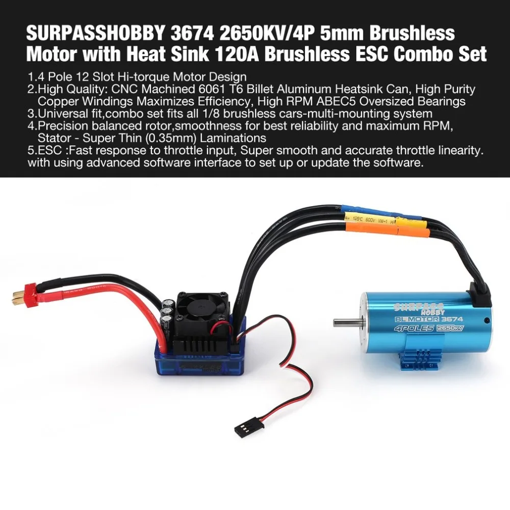 

SURPASSHOBBY 3674 2650KV/4P 5mm Brushless Motor with Heat Sink 120A Brushless ESC Combo Set for 1/8 RC Car Spar Part fz